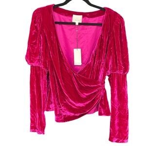 Cinq à Sept Theo Silk Blend Velvet Wrap Blouse Puff Sleeve Pink L NWT